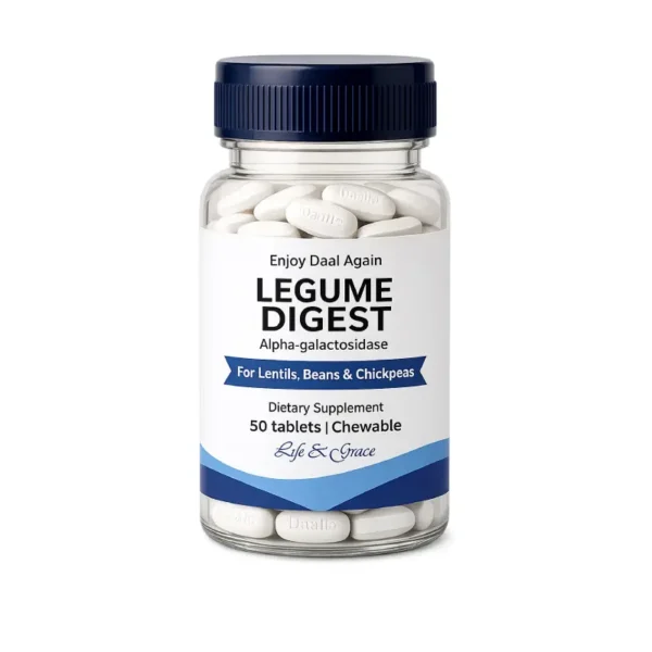 Legume Digest Alpha Galactosidase 50mg chewable tablets for digestion support, gas relief, and bloating reduction from lentils, beans, and chickpeas 